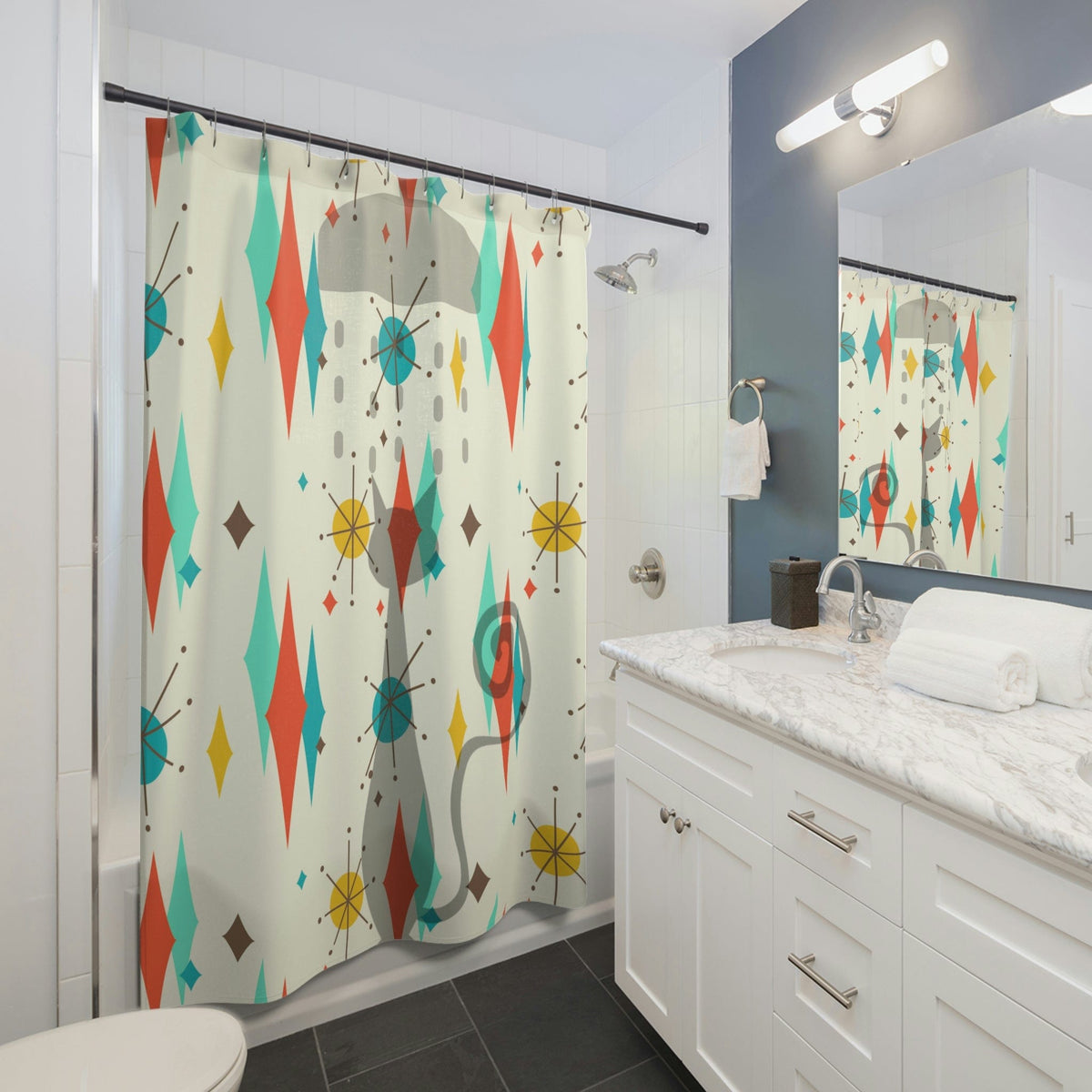 Atomic Cat, Mid Mod Cat Shower Time Franciscan Pattern Starburst Diamond, Fun Whimsical Mid Century Modern Shower Curtains Home Decor 71" × 74"