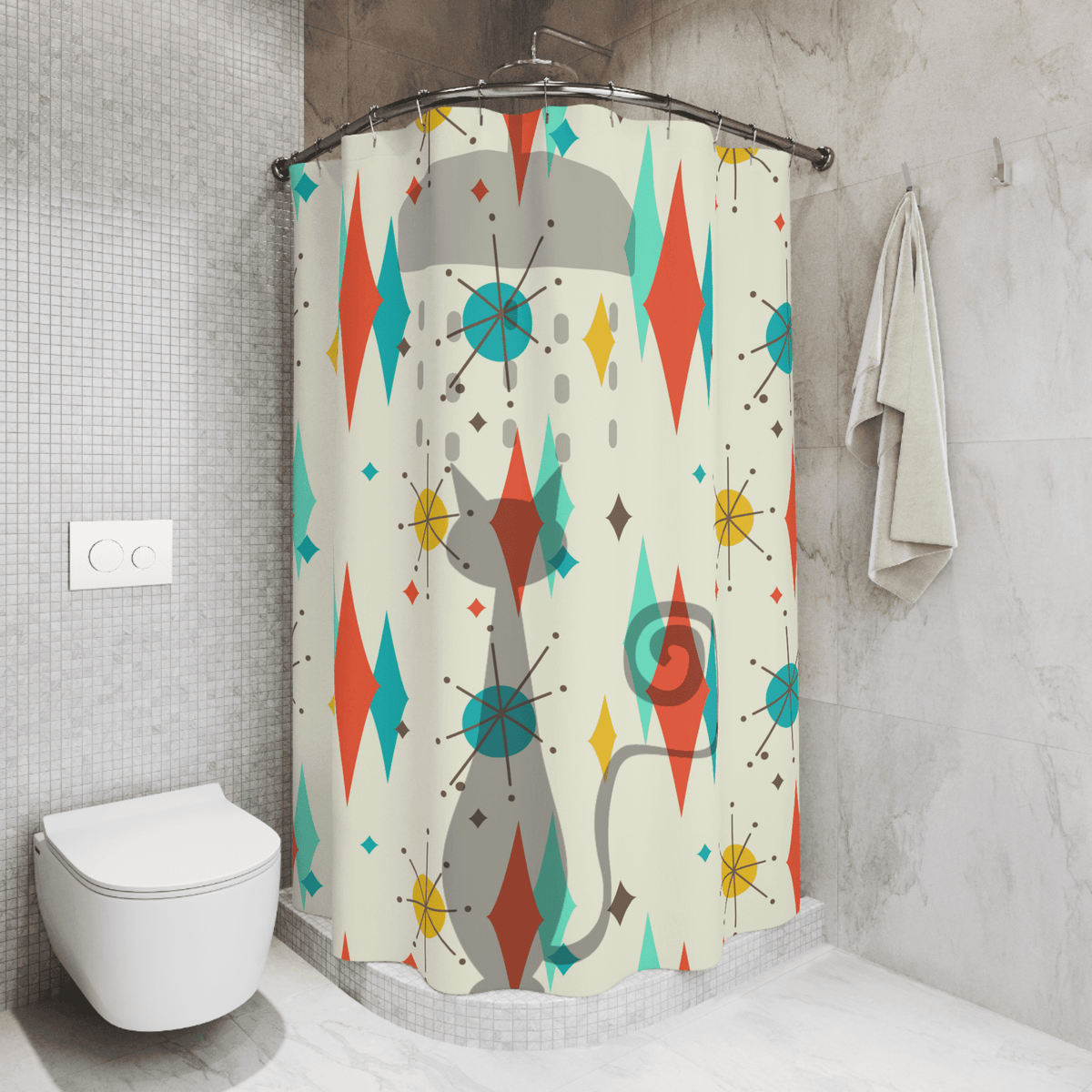 Atomic Cat, Mid Mod Cat Shower Time Franciscan Pattern Starburst Diamond, Fun Whimsical Mid Century Modern Shower Curtains Home Decor 71" × 74"