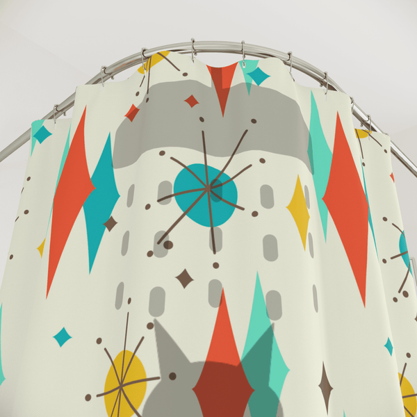Atomic Cat, Mid Mod Cat Shower Time Franciscan Pattern Starburst Diamond, Fun Whimsical Mid Century Modern Shower Curtains