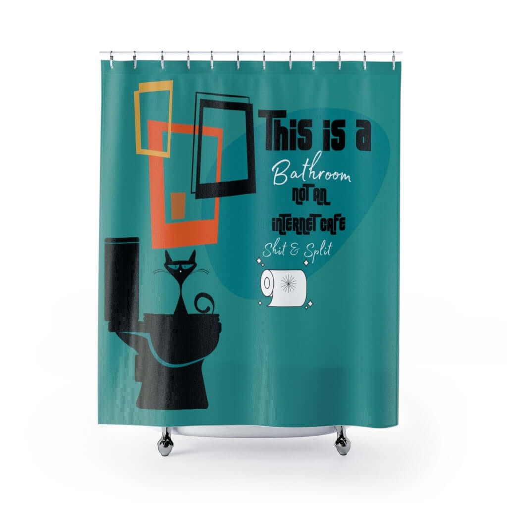 Atomic Cat Retro Funny This Is Not An Internet Cafe Shit And Split Shower Curtain Home Decor 71&quot; × 74&quot;