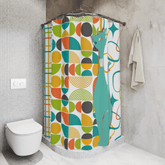 Atomic Cat Shower Curtain, Mid Century Modern, White, Aqua, Orange, Yellow, FUN, Funky, Geometric, Retro Bath Decor Home Decor 71" × 74"