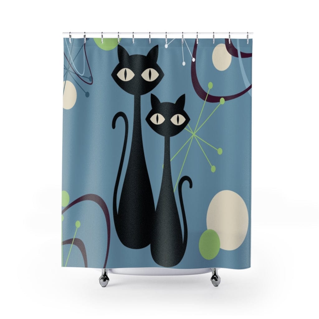 Atomic Cats, Boomerang Blue, Atomic Living MCM Mid Mod, Black Cat Shower Curtain Home Decor 71&quot; × 74&quot;