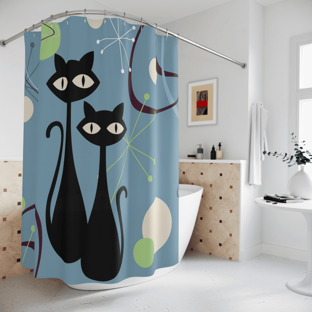 Atomic Cats, Boomerang Blue, Atomic Living MCM Mid Mod, Black Cat Shower Curtain Home Decor 71" × 74"