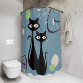 Atomic Cats, Boomerang Blue, Atomic Living MCM Mid Mod, Black Cat Shower Curtain Home Decor 71" × 74"