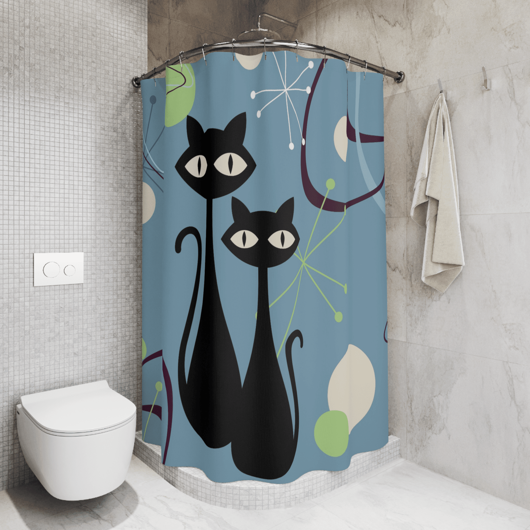 Atomic Cats, Boomerang Blue, Atomic Living MCM Mid Mod, Black Cat Shower Curtain Home Decor 71&quot; × 74&quot;
