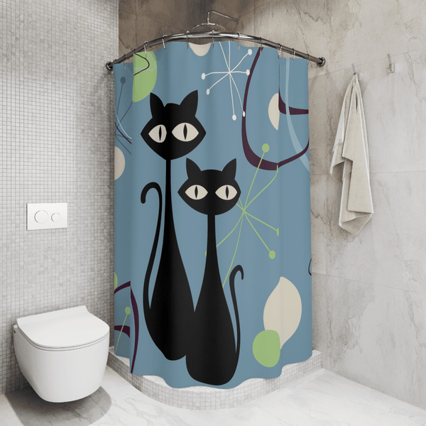 Atomic Cats, Boomerang Blue, Atomic Living MCM Mid Mod, Black Cat Shower Curtain