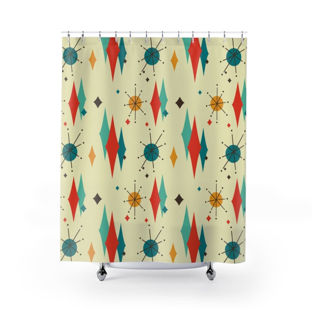 Atomic Mid Century Modern Diamond Abstract, Beige, Burnt Orange, Yellow, MCM Mid Mod Retro Shower Curtain Home Decor 71&quot; × 74&quot;