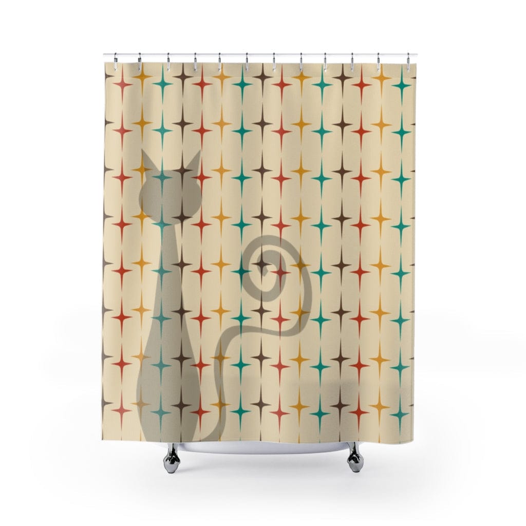 Atomic Retro Black Cat, Mid Century Modern Starburst Retro Bath Decor Home Decor 71" × 74"
