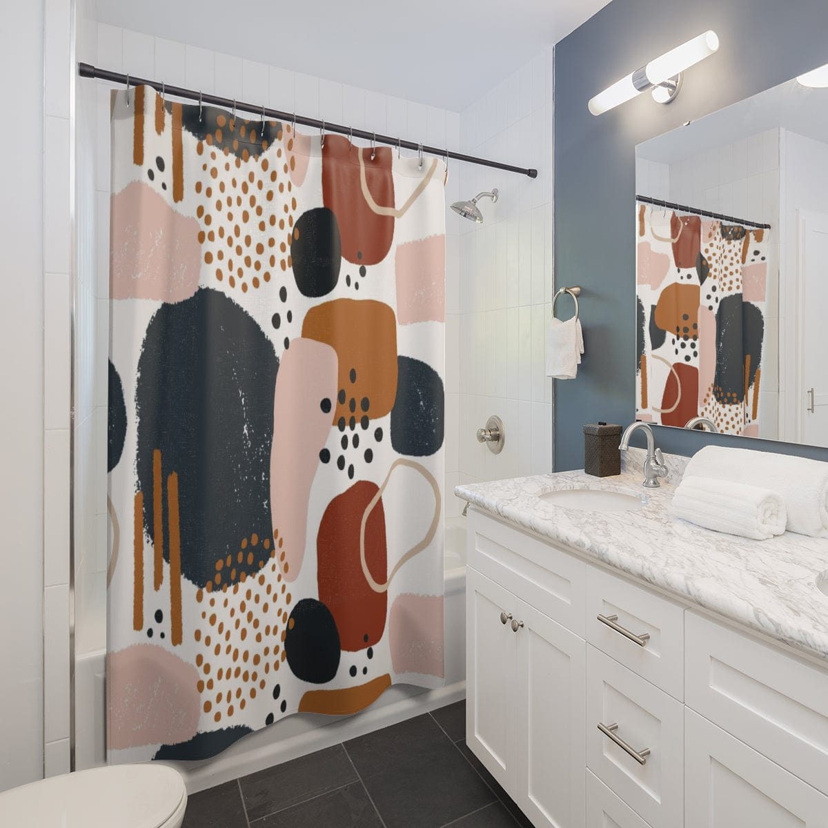 Boho Abstract Art Shower Curtain Watercolor Designs, Geometric Shapes, Rust, Burnt Orange Navy, Pale Pink, Bohemian Bathroom Home Decor 71&quot; × 74&quot;