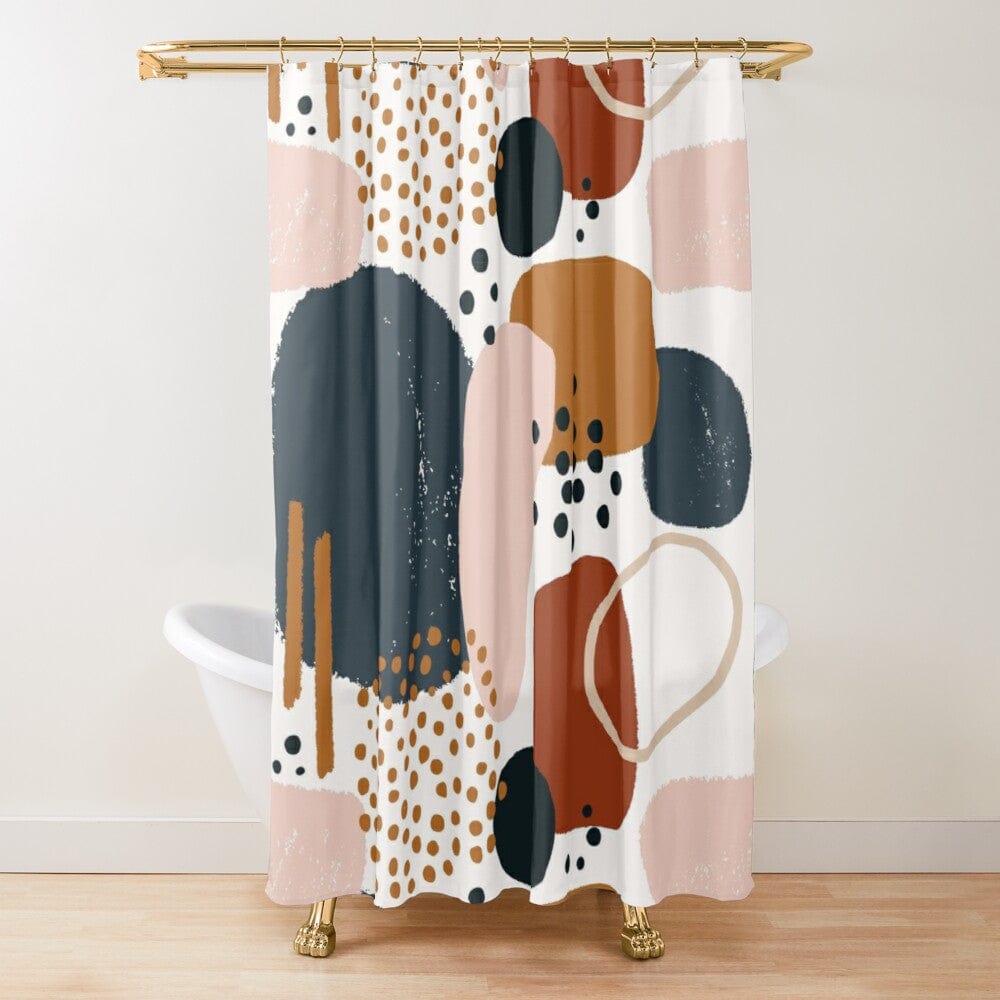 Boho Abstract Art Shower Curtain Watercolor Designs Geometric Shapes Rust Burnt Orange Navy Pale Pink Bohemian Bathroom 7512073470107
