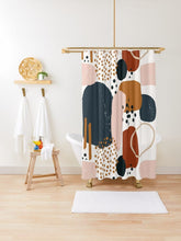 Boho Abstract Art Shower Curtain Watercolor Designs, Geometric Shapes, Rust, Burnt Orange Navy, Pale Pink, Bohemian Bathroom Home Decor 71" × 74"