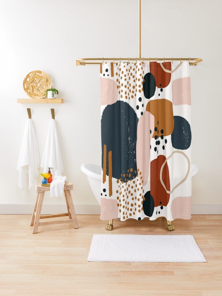 Boho Abstract Art Shower Curtain Watercolor Designs, Geometric Shapes, Rust, Burnt Orange Navy, Pale Pink, Bohemian Bathroom Home Decor 71&quot; × 74&quot;