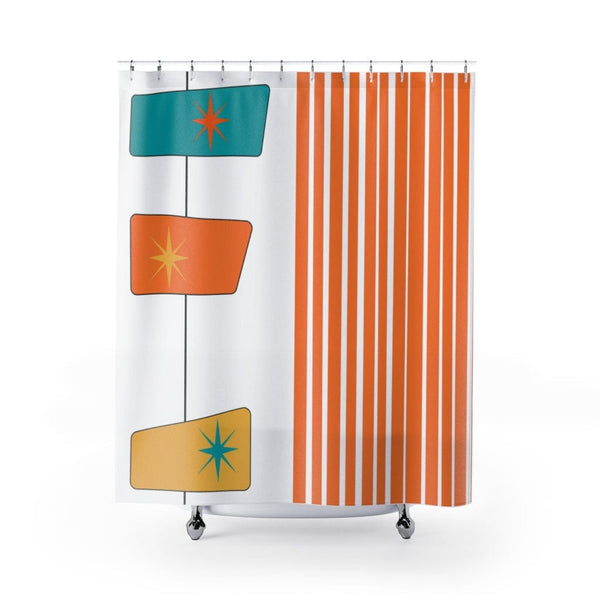 MCM Mid Mod Bathroom Shower Curtain, White, Orange, Yellow, Abstract, Geometric Atomic Age Living
