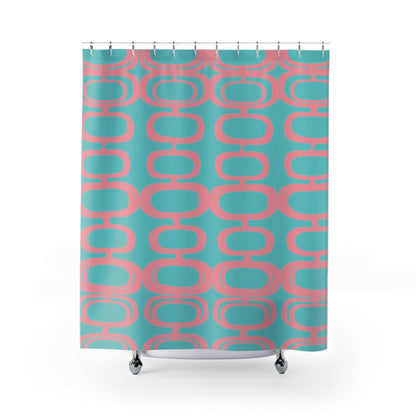 Mid Century Atomic, Googie Pattern, Aqua Blue, Pink, Retro Mid Century Modern Shower Curtain Home Decor 71&quot; × 74&quot;
