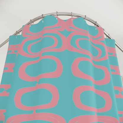 Mid Century Atomic, Googie Pattern, Aqua Blue, Pink, Retro Mid Century Modern Shower Curtain Home Decor 71&quot; × 74&quot;