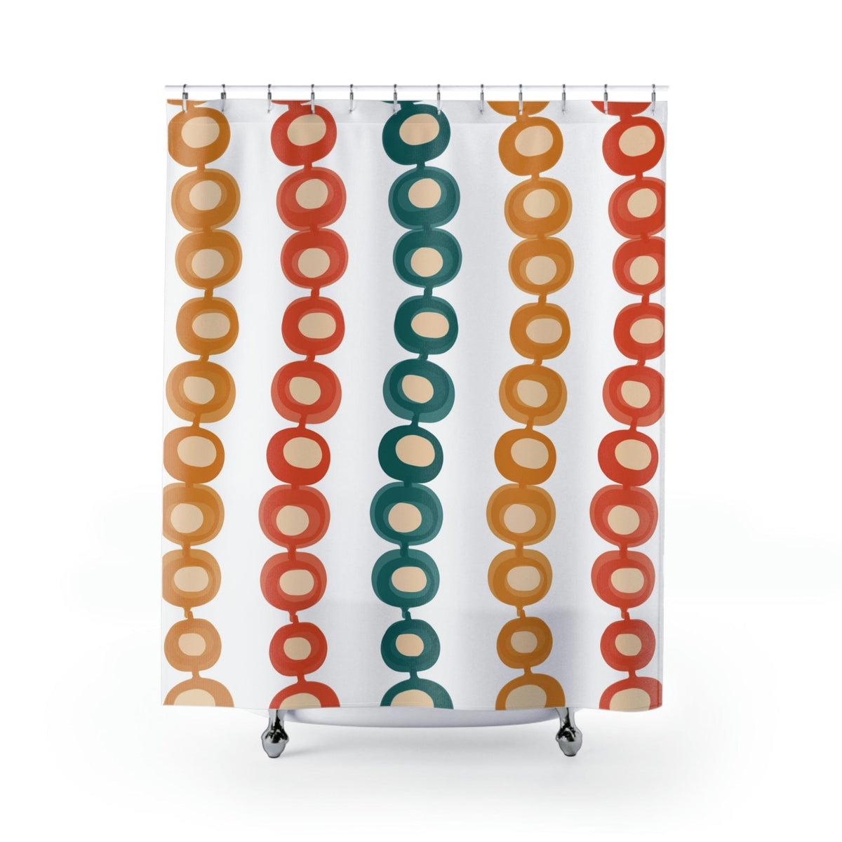 Mid Century Atomic, Googie, Retro Burnt Orange, Mustard Yellow, Teal, Groovy Design, MCM Shower Curtain Home Decor 71" × 74"