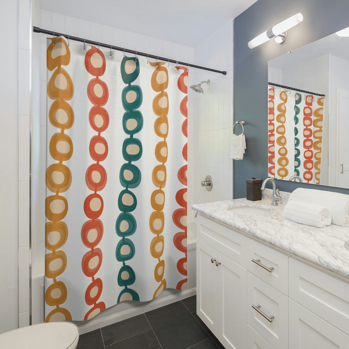 Mid Century Atomic, Googie, Retro Burnt Orange, Mustard Yellow, Teal, Groovy Design, MCM Shower Curtain Home Decor 71" × 74"