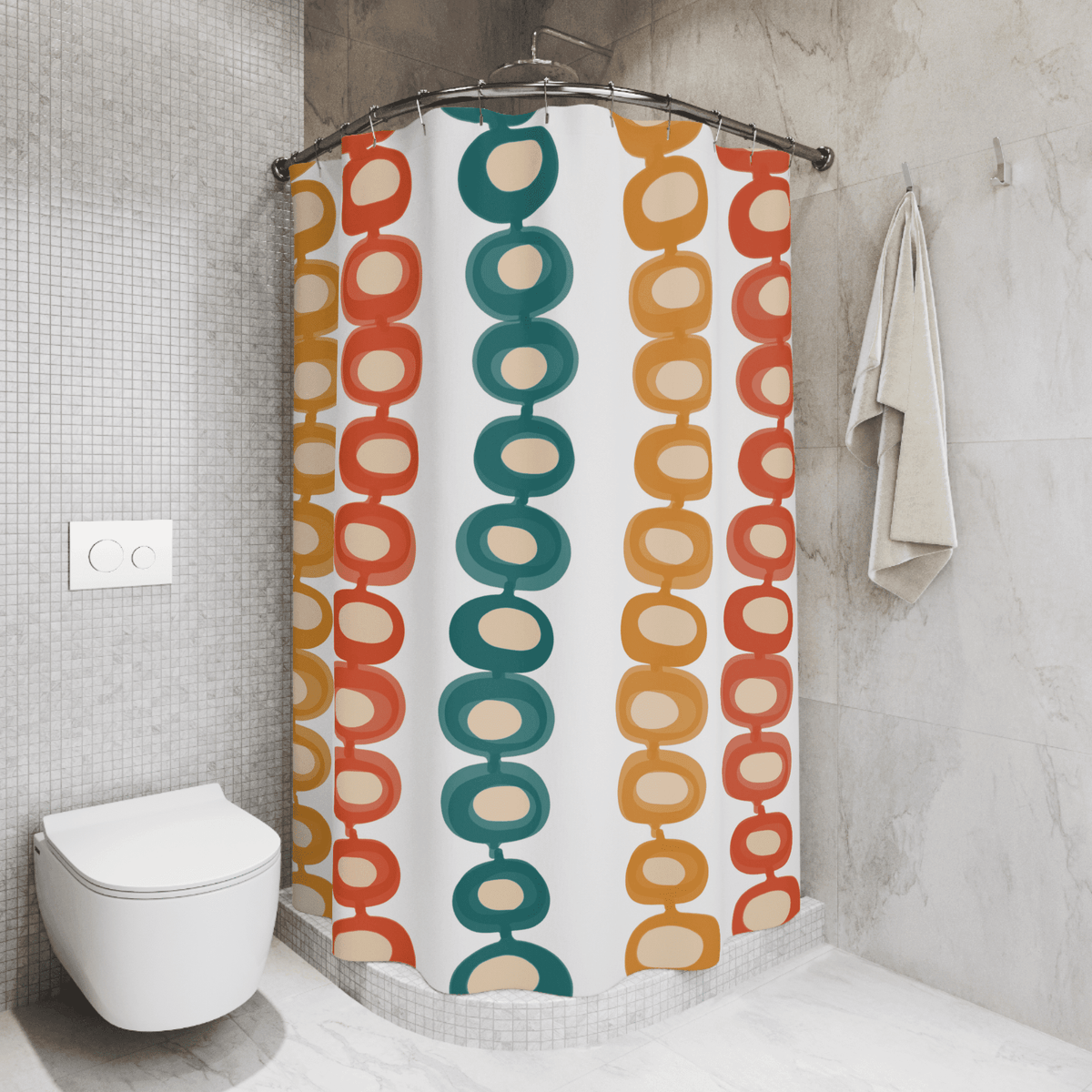 Mid Century Atomic, Googie, Retro Burnt Orange, Mustard Yellow, Teal, Groovy Design, MCM Shower Curtain Home Decor 71" × 74"