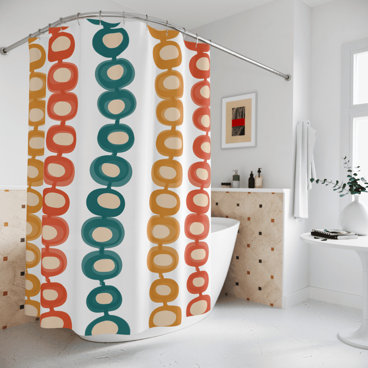 Mid Century Atomic, Googie, Retro Burnt Orange, Mustard Yellow, Teal, Groovy Design, MCM Shower Curtain Home Decor 71" × 74"