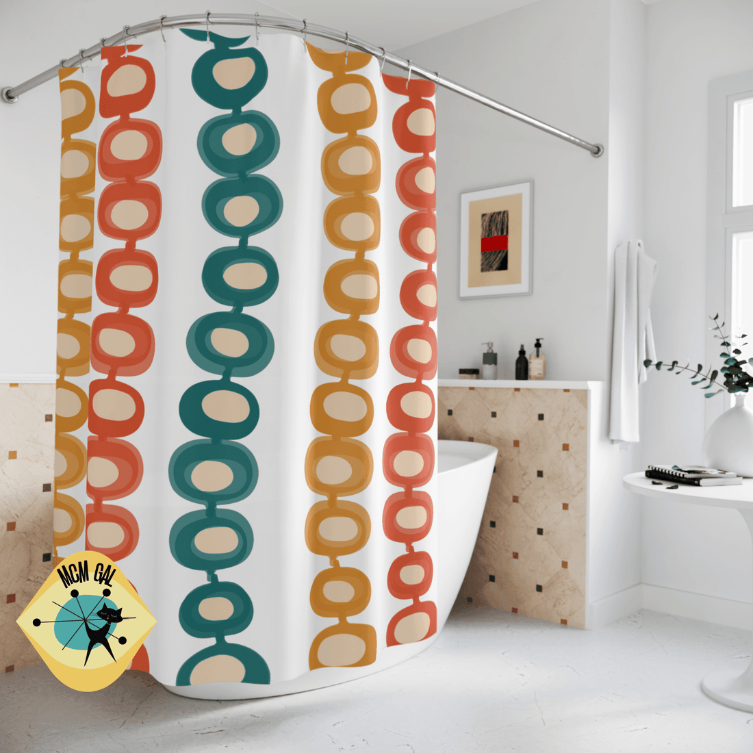 Mid Century Atomic, Googie, Retro Burnt Orange, Mustard Yellow, Teal, Groovy Design, MCM Shower Curtain Home Decor 71&quot; × 74&quot;