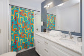 Mid Century Modern, Aqua Blue, Orange, Yellow, Red, Geometric, Retro, MCM Shower Curtains Home Decor 71" × 74"