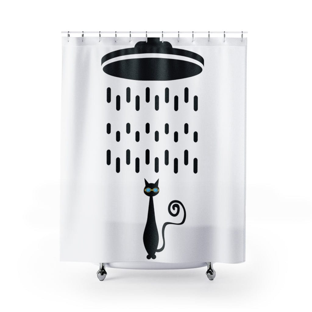 Mid Century Modern, Atomic Cat, Shower Head, Retro Cool Cat with Goggles, Black and White MCM Home Decor Shower Curtain Home Decor 71&quot; × 74&quot;
