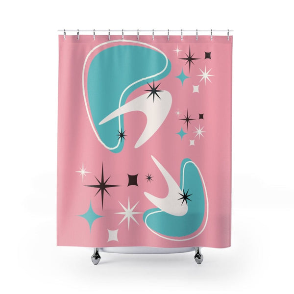 Mid Century Modern Atomic Pink, Boomerang, Aqua Blue, White, Starburst MCM Mid Mod Shower Curtain