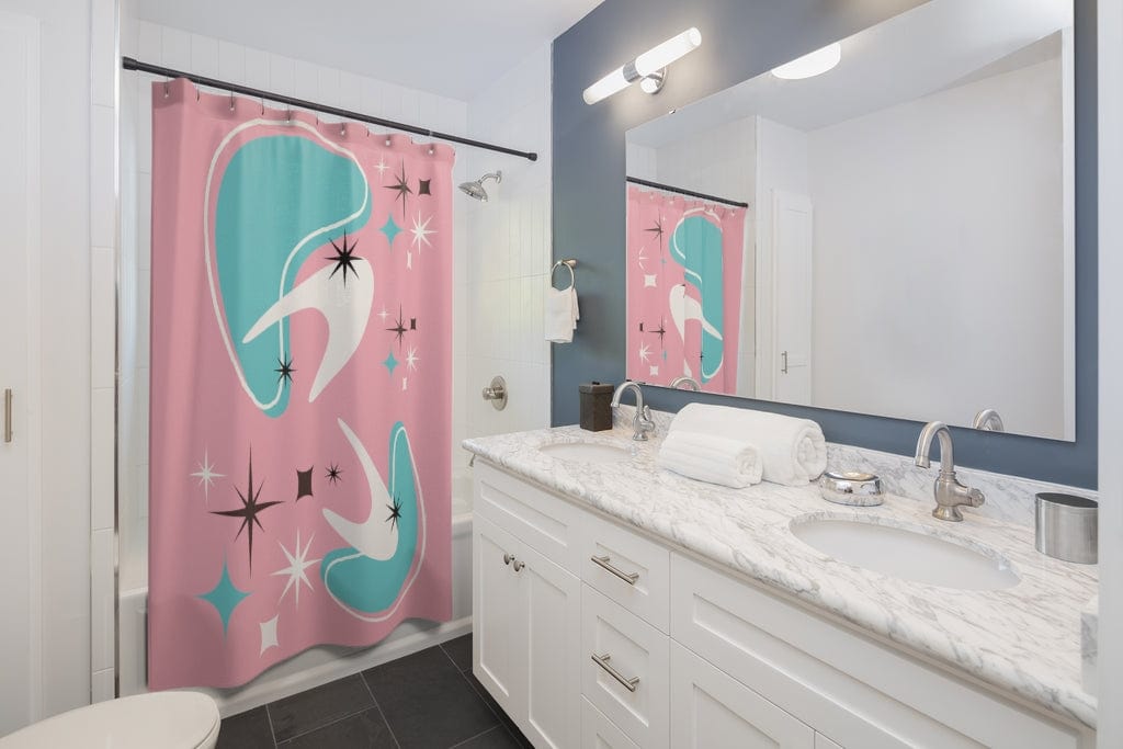 Mid Century Modern Atomic Pink, Boomerang, Aqua Blue, White, Starburst MCM Mid Mod Shower Curtain Home Decor 71&quot; × 74&quot;