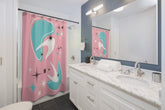 Mid Century Modern Atomic Pink, Boomerang, Aqua Blue, White, Starburst MCM Mid Mod Shower Curtain Home Decor 71" × 74"