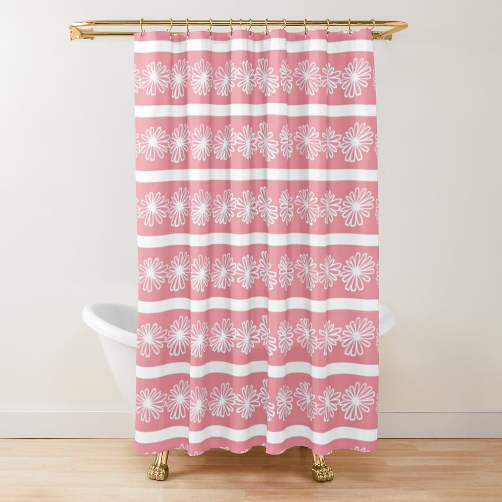 Mid Century Modern, Atomic Pink, Daisy, White, Retro Shower Curtain Home Decor 71" × 74"