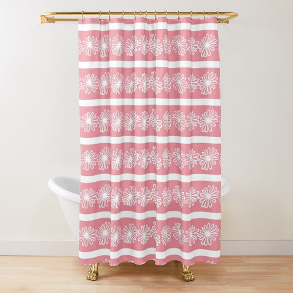Mid Century Modern, Atomic Pink, Daisy, White, Retro Shower Curtain