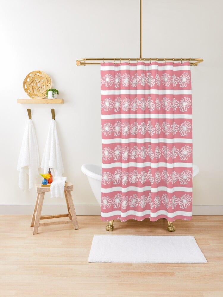 Mid Century Modern, Atomic Pink, Daisy, White, Retro Shower Curtain Home Decor 71&quot; × 74&quot;