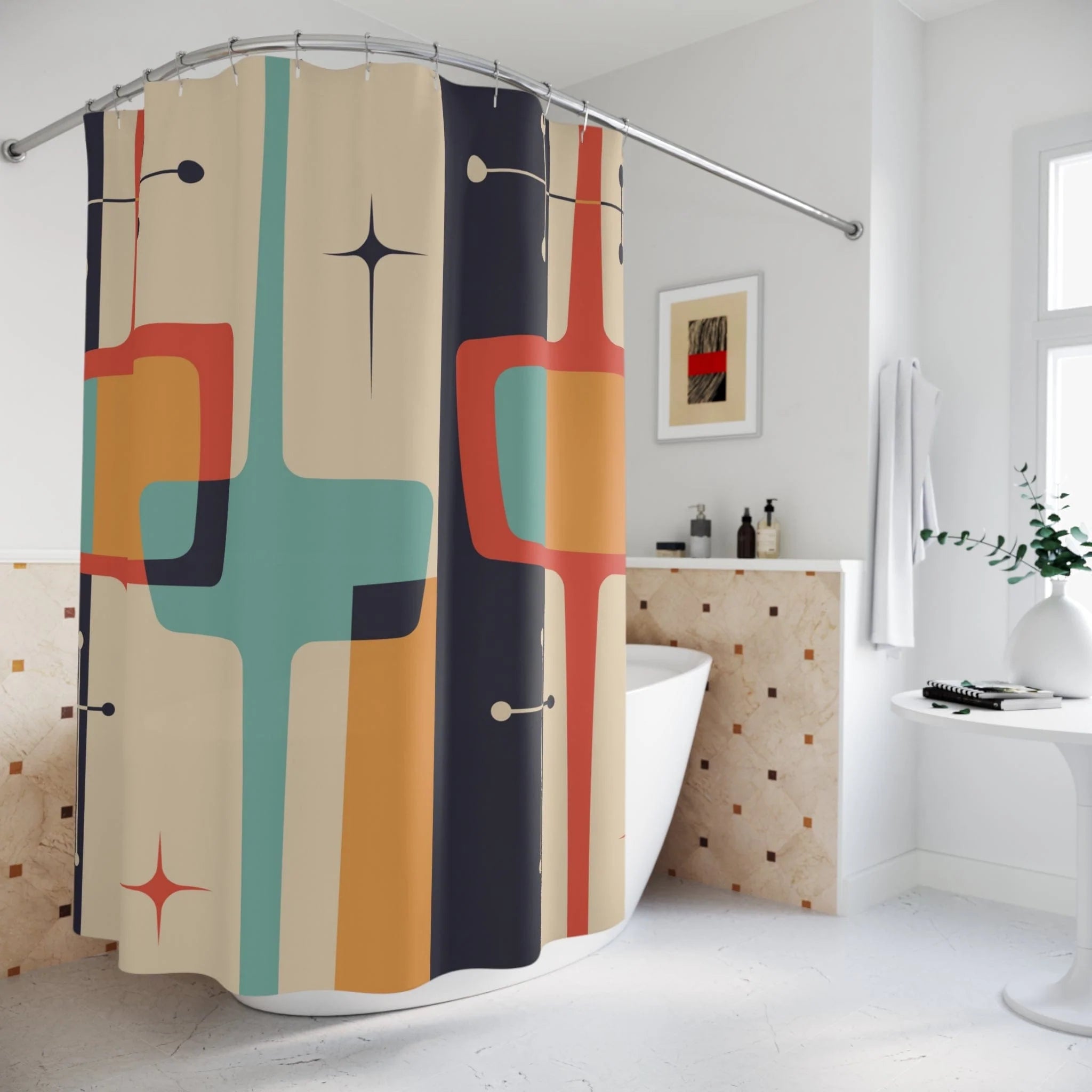 Mid Century Modern Geometric, Atomic Starburst, Slate Gray, Mustard Yellow, Beige, Coral, Abstract Retro Shower Curtains Home Decor 71&quot; × 74&quot;