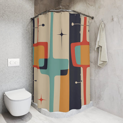 Mid Century Modern Geometric, Atomic Starburst, Slate Gray, Mustard Yellow, Beige, Coral, Abstract Retro Shower Curtains Home Decor 71&quot; × 74&quot;