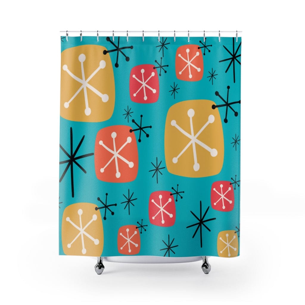 Mid Century Modern, Googie, Starburst, Atomic Aqua, Yellow, Coral, Mid Mod, MCM Spring, Summer Retro Shower Curtain Home Decor 71&quot; × 74&quot;