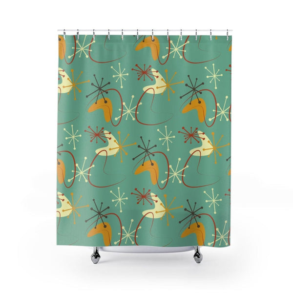 Mid Century Modern, Green, Atomic Boomerang Blue Grass Retro MCM Mid Mod Shower Curtain