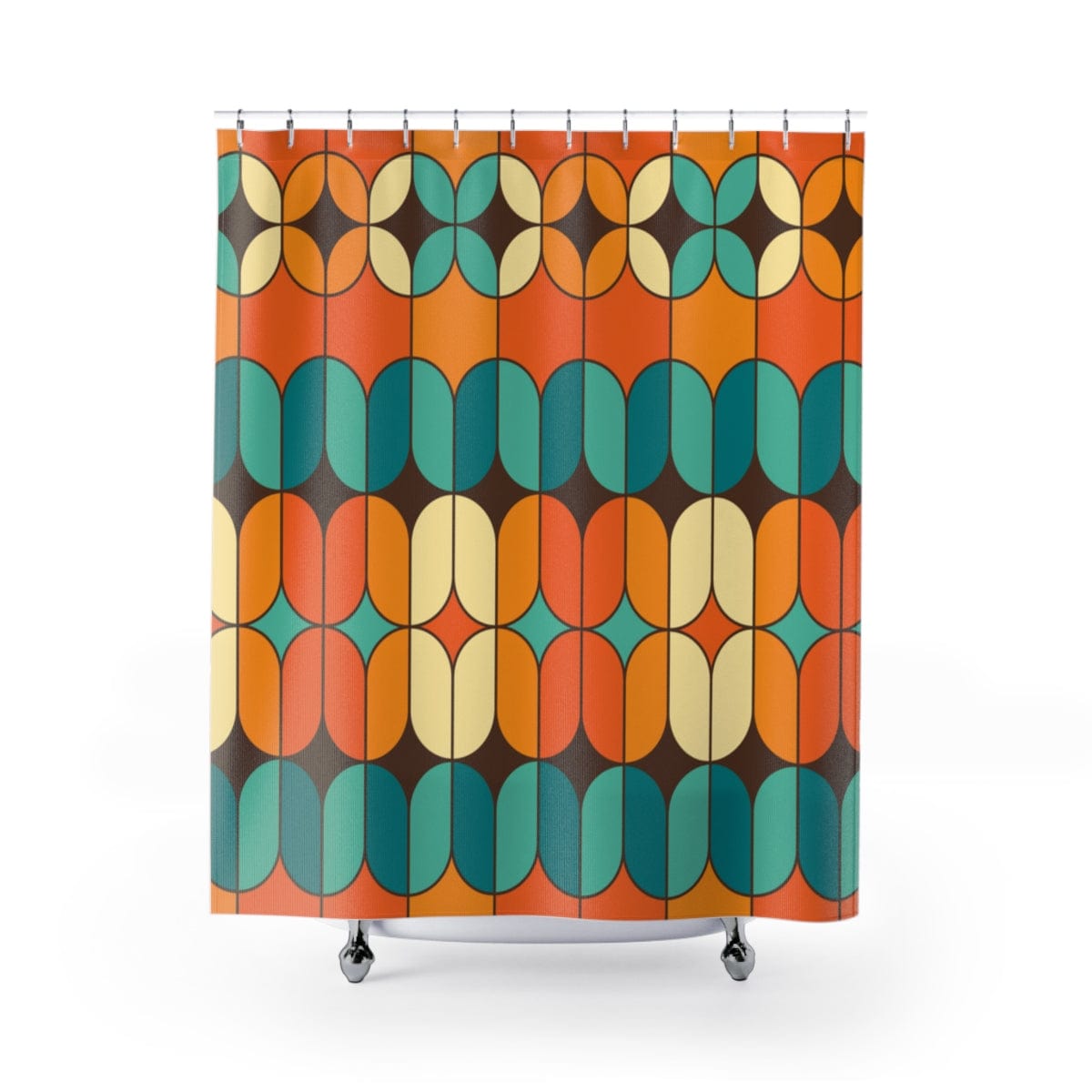 Mid Century Modern Orange, Brown, Teal and Cream Retro Shower Curtain Home Decor 71&quot; × 74&quot;
