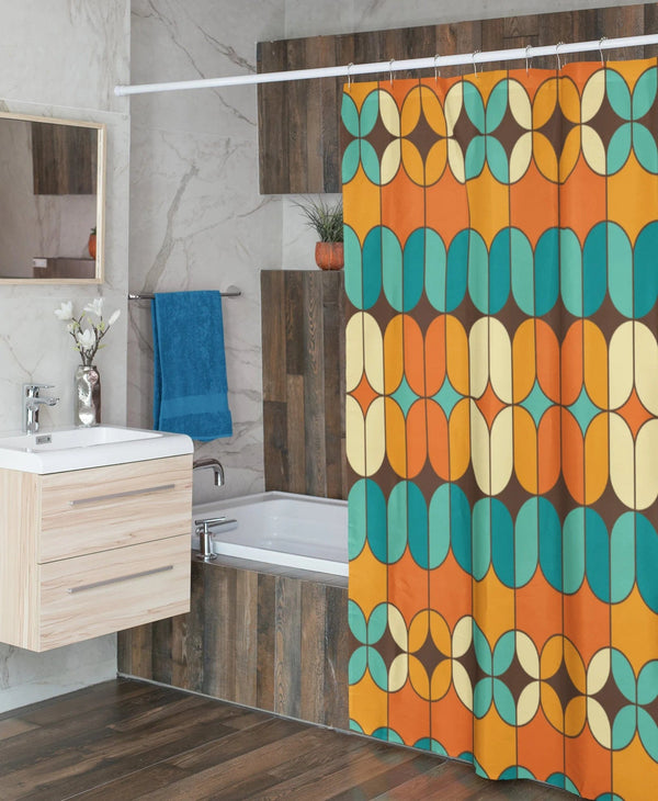 Mid Century Modern Orange, Brown, Teal and Cream Retro Shower Curtain
