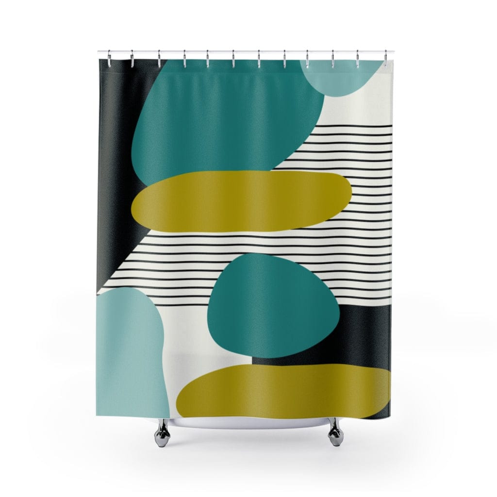 Mid Century Modern Retro MCM Design Abstract Turquoise, Green, Black, Light Blue s Shower Curtain Home Decor 71&quot; × 74&quot;