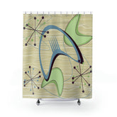 Mid Century Modern Shower Curtain, Atomic Boomerang, Green Blue, Abstract Retro Bath Decor Home Decor 71" × 74"