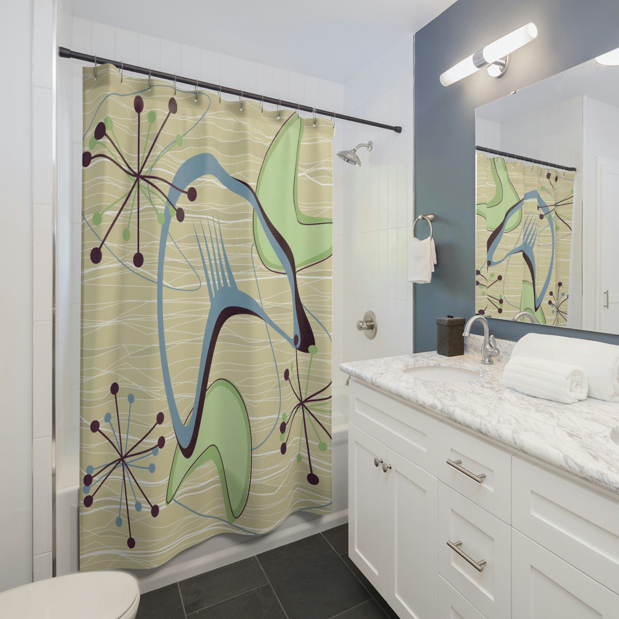 Mid Century Modern Shower Curtain, Atomic Boomerang, Green Blue, Abstract Retro Bath Decor Home Decor 71&quot; × 74&quot;
