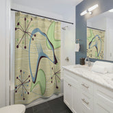 Mid Century Modern Shower Curtain, Atomic Boomerang, Green Blue, Abstract Retro Bath Decor Home Decor 71" × 74"