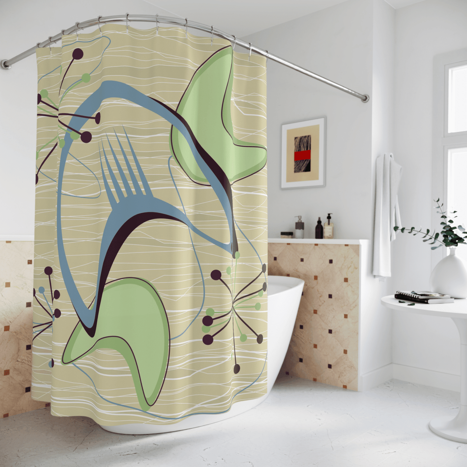 Mid Century Modern Shower Curtain, Atomic Boomerang, Green Blue, Abstract Retro Bath Decor Home Decor 71&quot; × 74&quot;