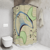 Mid Century Modern Shower Curtain, Atomic Boomerang, Green Blue, Abstract Retro Bath Decor Home Decor 71" × 74"