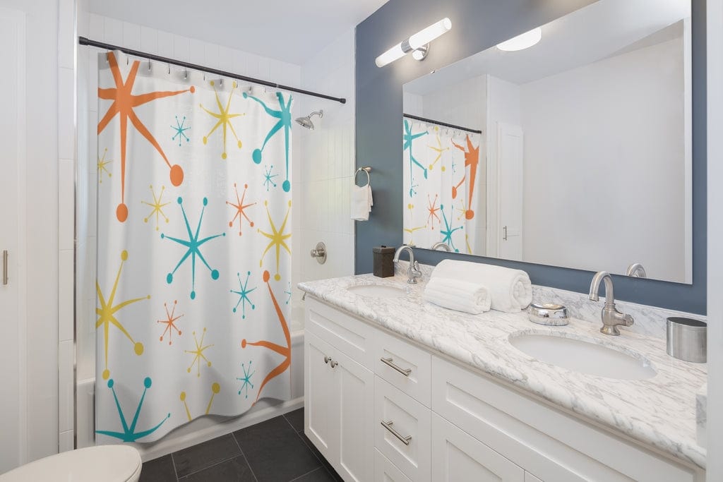 Mid Century Modern Shower Curtain, White, Aqua, Yellow, Orange, Atomic Stars, Mid Mod, MCM Home Bath Decor Home Decor 71&quot; × 74&quot;