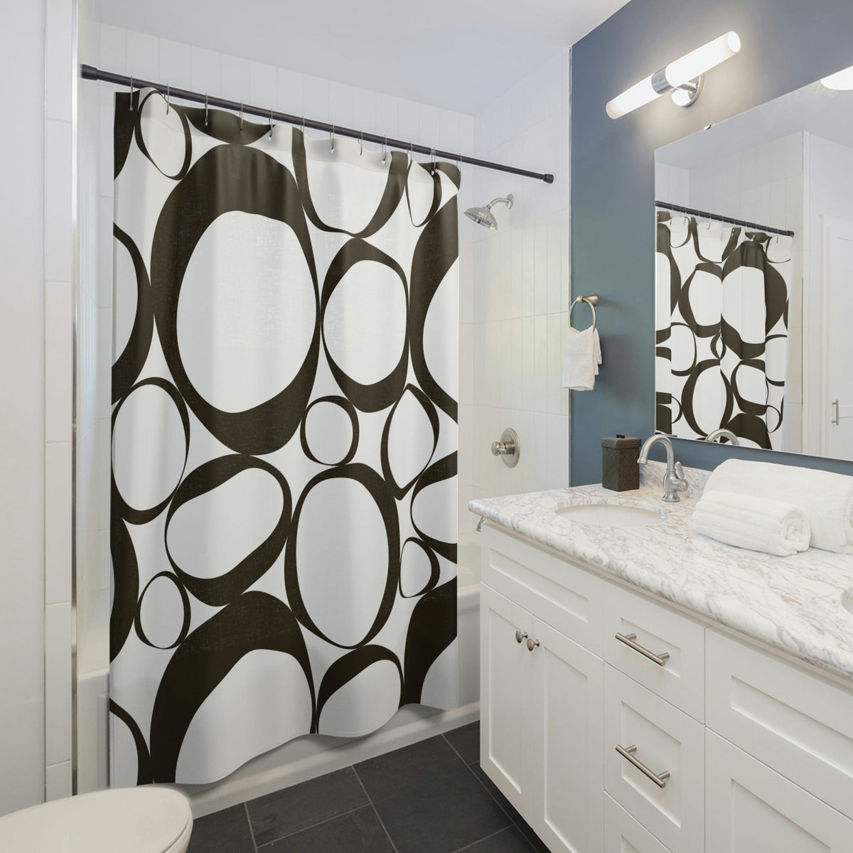 Mid Mod, Black And White, Retro Geometric Circle Minimalist  Shower Curtain Home Decor 71" × 74"
