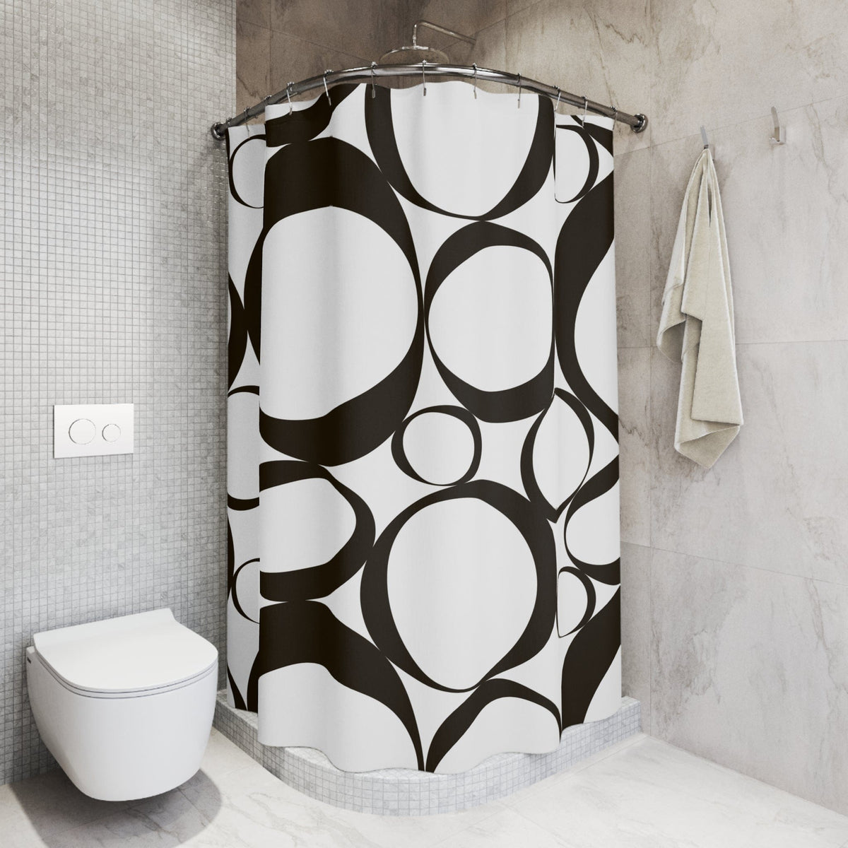 Mid Mod, Black And White, Retro Geometric Circle Minimalist  Shower Curtain Home Decor 71" × 74"