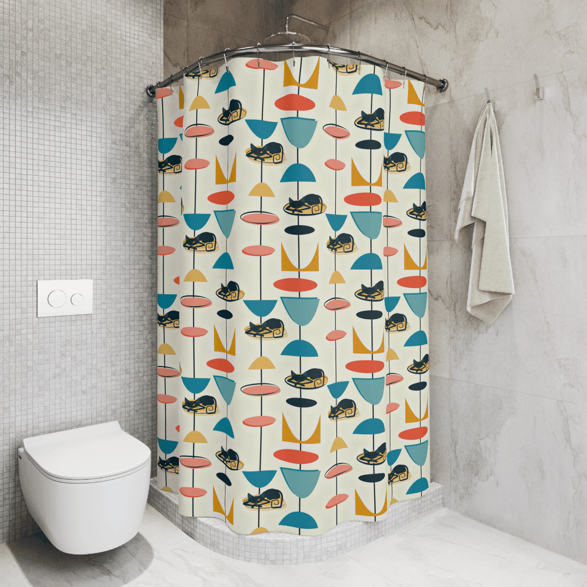 Retro Atomic Black, White 50's Retro Atomic Cat, Googie Pattern Shower Curtain Home Decor 71" × 74"
