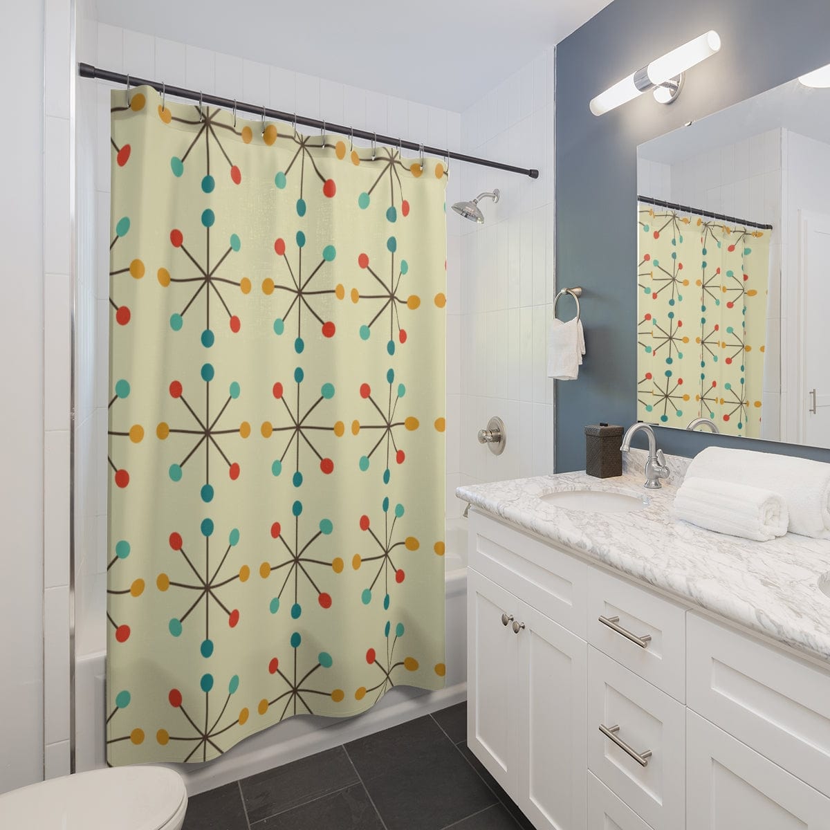 Retro Clock Starburst Mid Century Modern Cream MCM Shower Curtain Home Decor 71" × 74"
