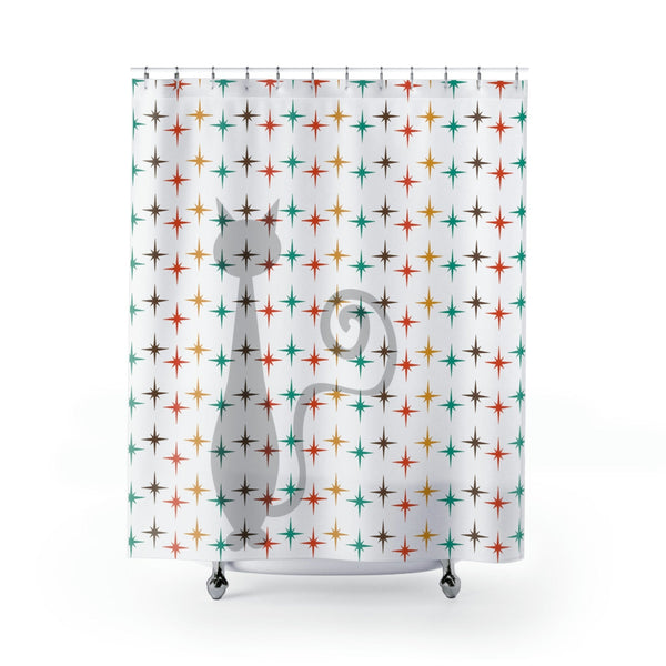 Retro Shower Curtain, Atomic Cat, White, Mid Century Modern Atomic Star Burst, Teal, Mustard Yellow, Burnt Orange, Brown